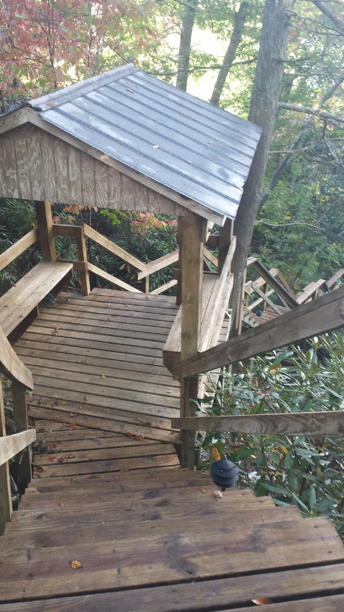 Metal roofed shelter over wooden steps on a wooded walkway — Skylight Repair & Installation work by our crew in Nordland